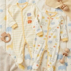 ✨Petit Lem🍼✨ Baby Yellow and White Animal Print Footies Neutral